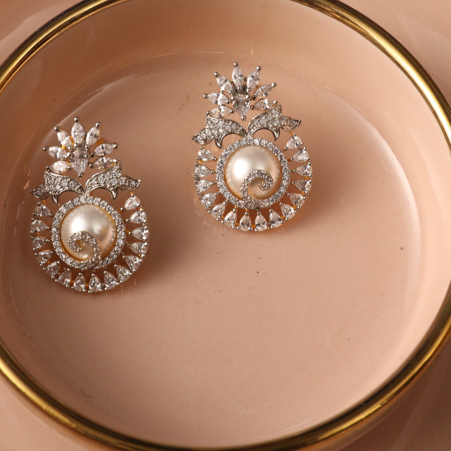 Women gold plated dark green pearl tops stud earrings - Adwitiya - 4177165